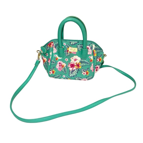 Betsey Johnson Faux Leather Teal Floral Satchel Crossbody Bag Colorful Preppy - Picture 1 of 7